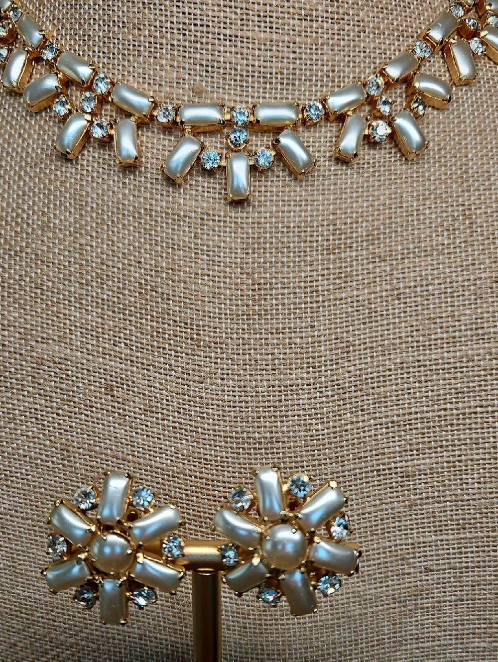 Gold & Cream Pearlescent Acrylic & Rhinestone Statement Necklace and Earring Set